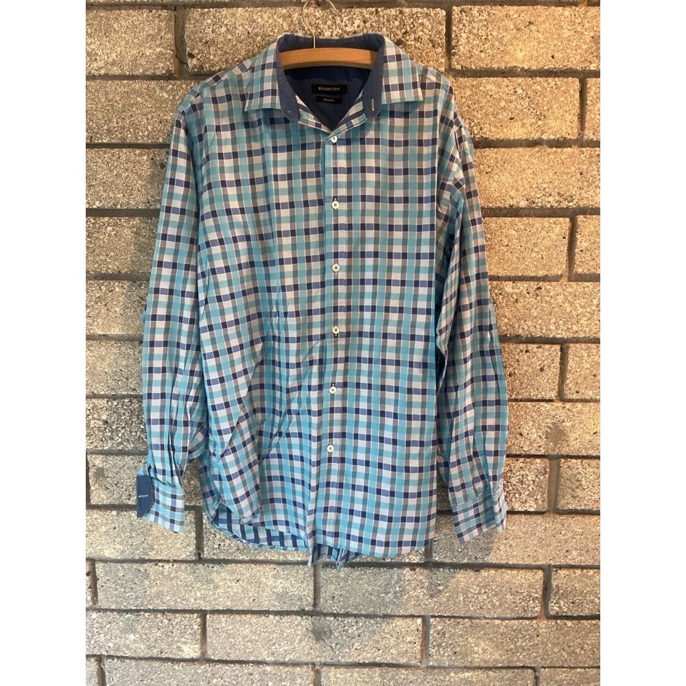 Bugatchi Classic Fit Mens Long Sleeve Button-Up Shirt Blue & White Plaid Pattern